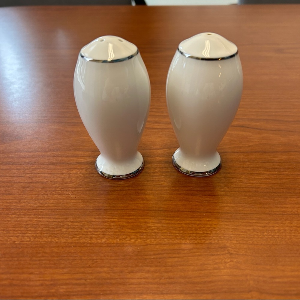 Mikasa Cameo Platinum Porcelain Salt & Pepper Shaker Set. White w/Platinum Trim.